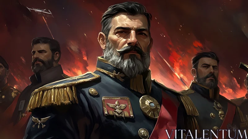 Admiral of embers stands amid roaring crimson war skies.