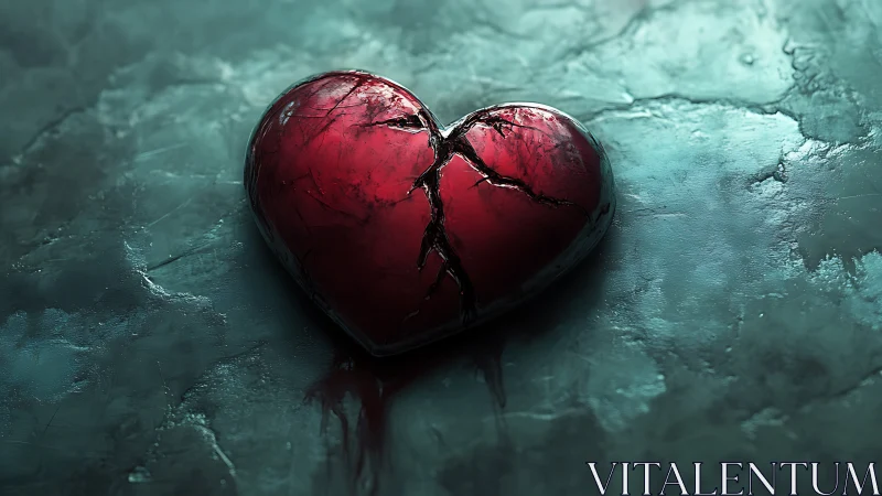 Fractured red heart on textured teal surface.