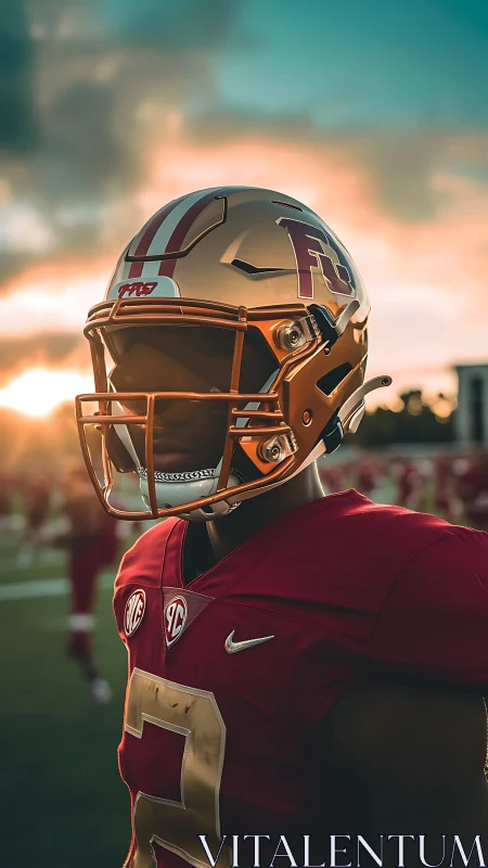 College football player in red uniform at sunset stadium.