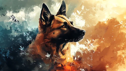 Loyal German shepherd gazes calmly through warm painted light
