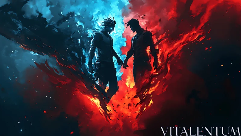 Two elemental rivals suspended in a storm of fire and ice.