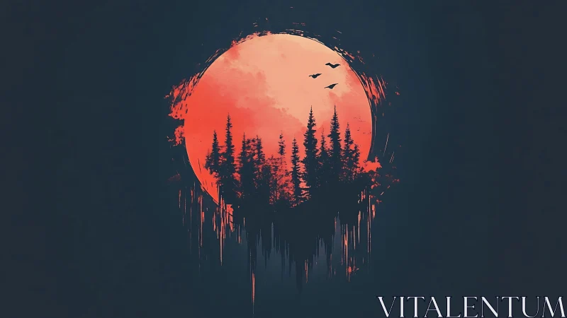 Crimson moon rises behind dark pines in a moody night sky