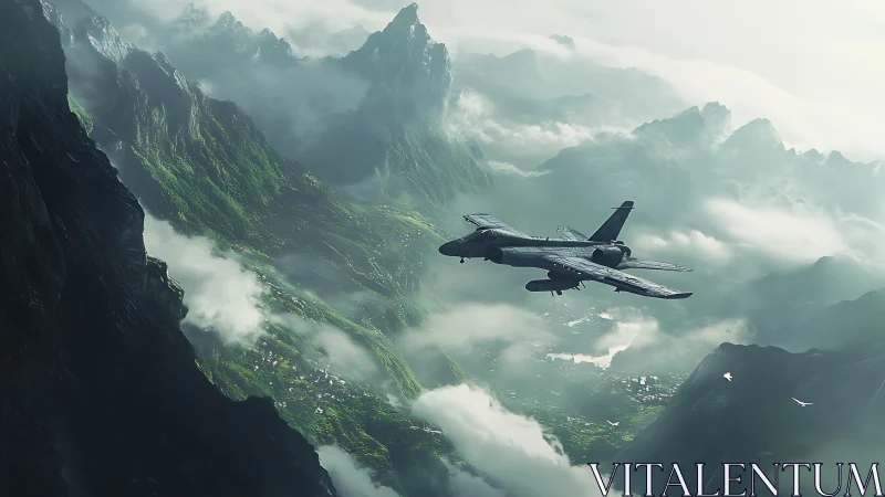 Jet patrol slicing through misty emerald mountain range.