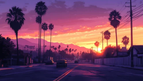 Sunset boulevard draped in neon sherbet palmlight hush.