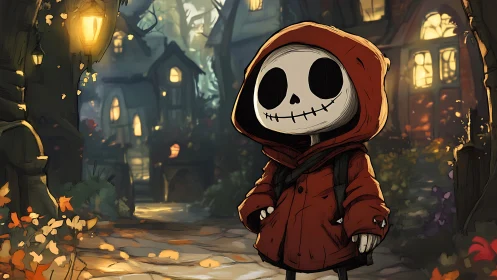 Hooded skeleton wanderer strolls through glowing forest town.