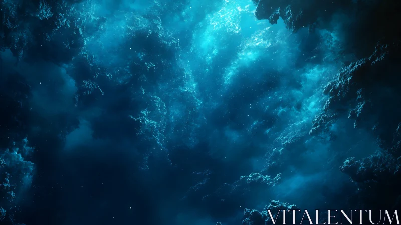 Blue nebula cloud field with glowing star-like specks.