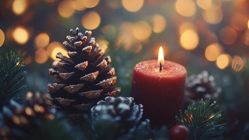 Cozy pinecone and candle glow in a softly lit holiday nook.