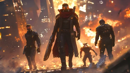Armed futuristic team walking through burning urban ruins.