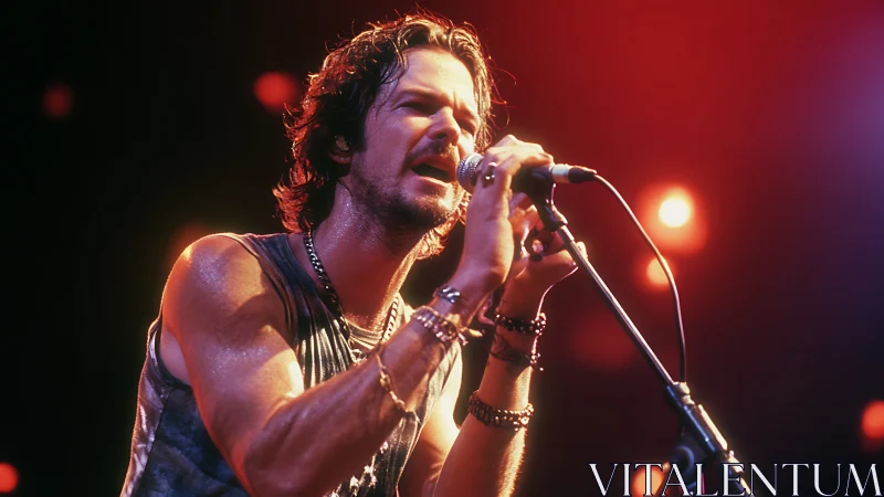 Male vocalist performing on stage under warm concert lights.