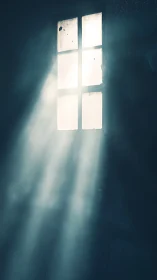Sunlight passes through dusty six-pane window in darkness