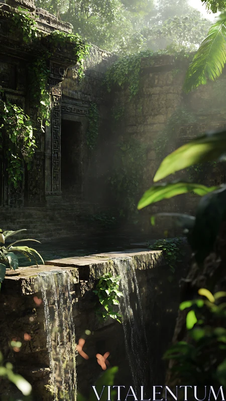 Sunlit jungle ruin terrace channels water over mossed ledge