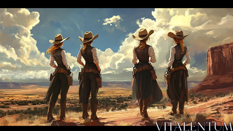Four Cowgirls Overlooking Western Desert, Cinematic Digital Art.