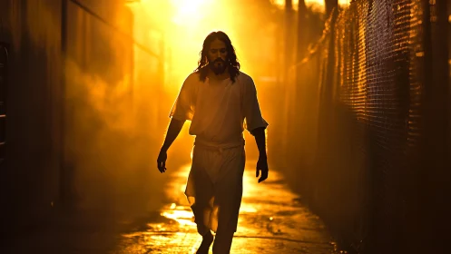 Backlit wanderer strides through a molten alleyway of light