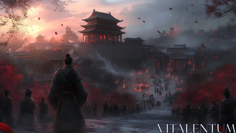 Samurai overlook a misty imperial citadel at burning dusk.