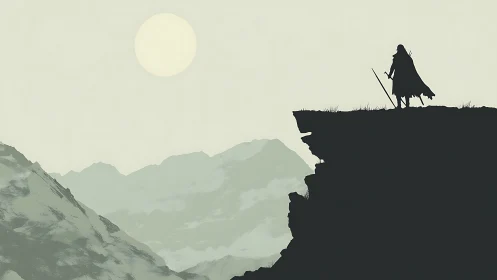 Lone cloaked wanderer surveys pale mountains at sunrise.