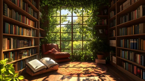 Sunlit home library frames large window with dense greenery