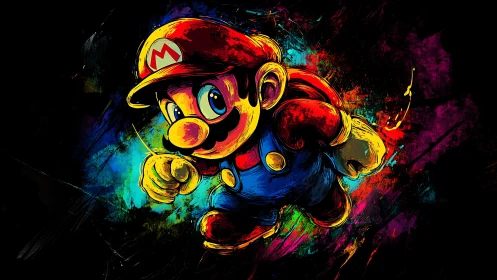 Colorful Mario character sprinting on abstract neon backdrop.