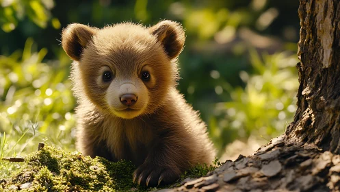 Bear cub near tree base in sunlit forest environment.