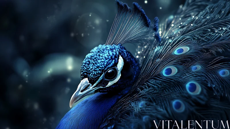 Close peacock portrait with detailed blue plumage in bokeh.