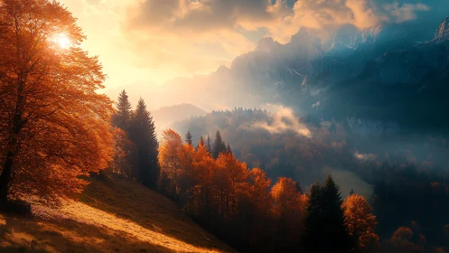 Sunlit autumn forest descends toward misted alpine mountains