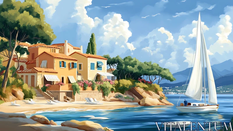 Mediterranean coastal villa and sailboat on calm blue sea.