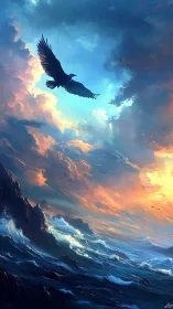 Storm-tossed raven gliding through painted ocean sky.