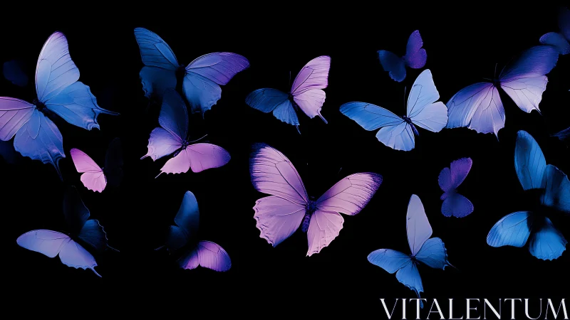 Butterflies with blue and purple wings fly across black background