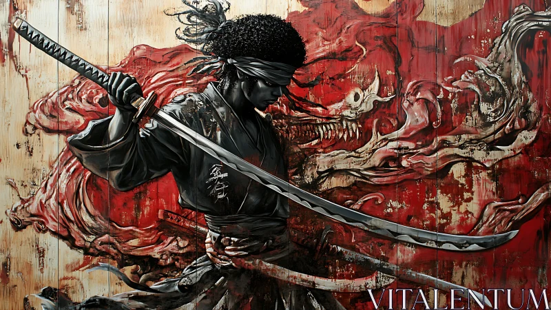 Blindfolded samurai strides before a crimson demonic storm