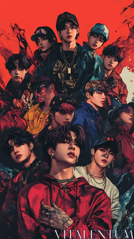 Layered urban portraits with kinetic red-splatter dynamics.