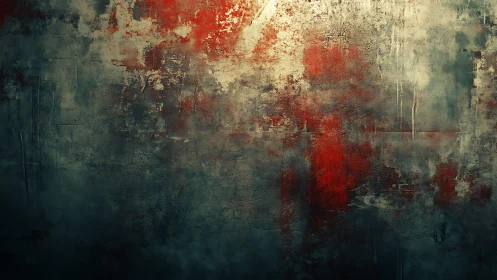Abstract grunge wall art with bold red and grey textures.