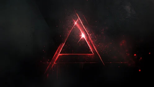Luminous red triangle sigil in dark abstract space.