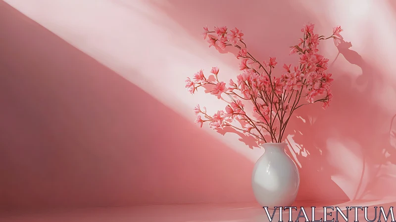 Arranged delicate pink flowers in white ceramic vase on monochromatic surface