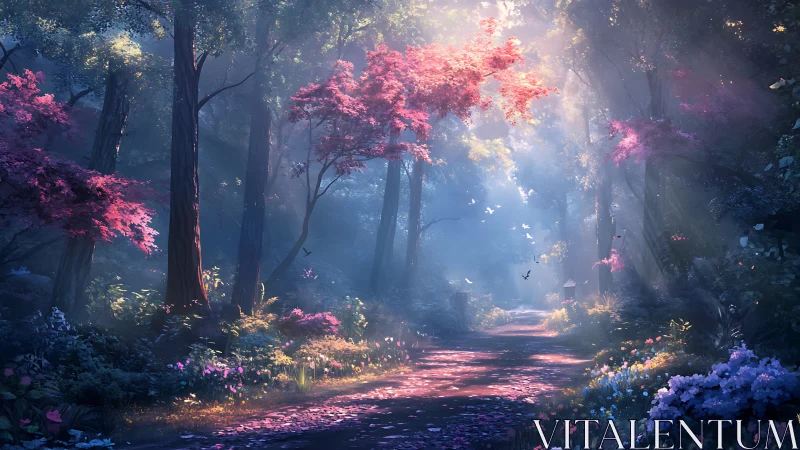 Enchanted Forest Path Glows With Magical Pink Blossoms