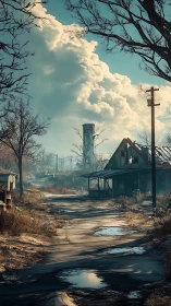 Rural road passes abandoned houses under dense cumulus clouds