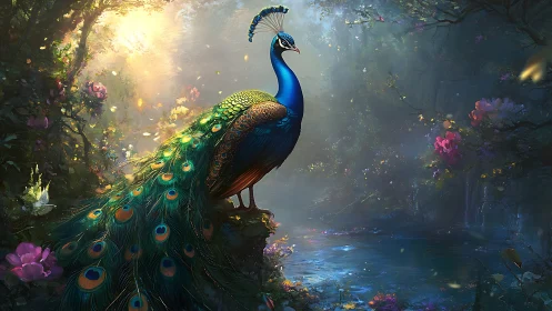 Majestic peacock beside enchanted forest pond at dawn.