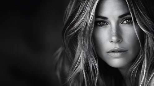 Intense closeup portrait of a woman in black and white.