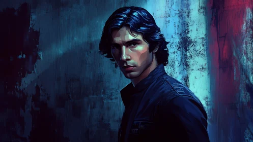 Moody digital portrait of brooding man in blue red light