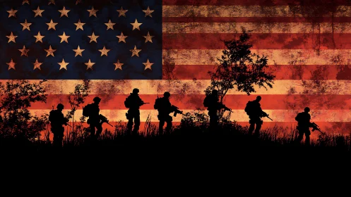 Silhouetted infantry patrol over distressed US flag field.