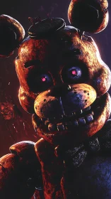 Rust-damaged animatronic bear rendered in low-key lighting