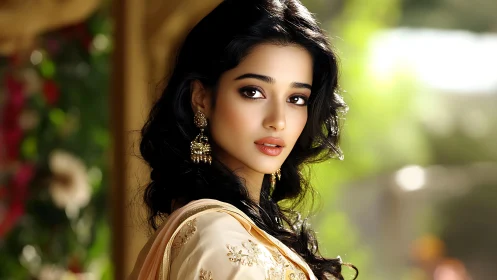 Soft sunlight on a graceful woman in embroidered gold attire.