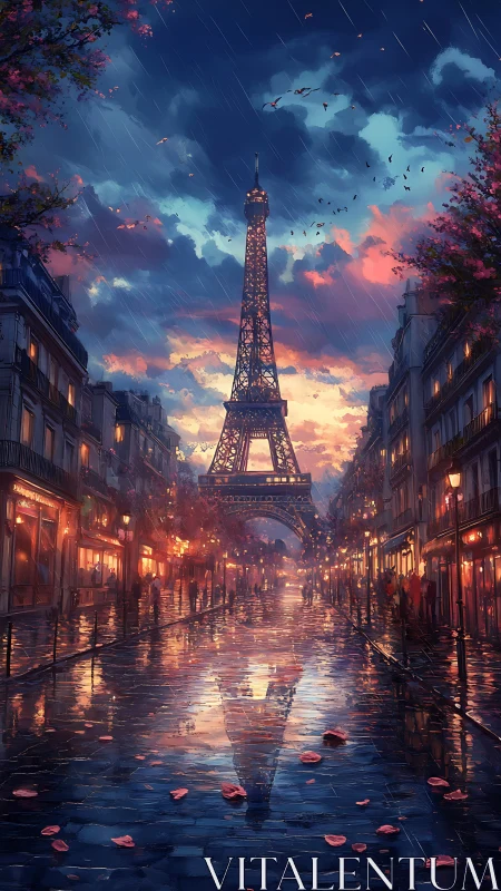 Rainy Paris evening frames the Eiffel Tower in glowing twilight