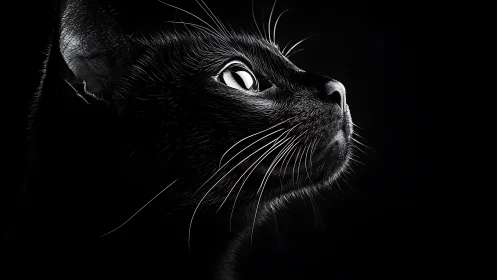 Black Cat Portrait. Intense Eyes Fixed Upward Against Dark.