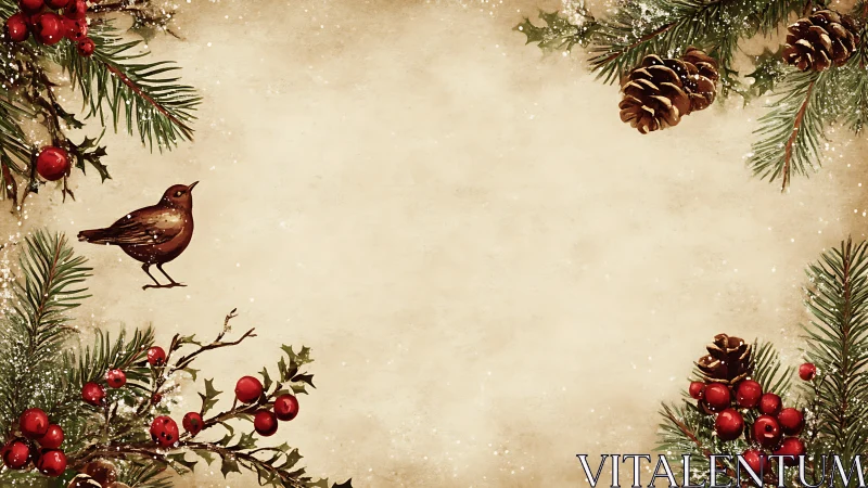 Vintage winter border with robin, pine branches and berries