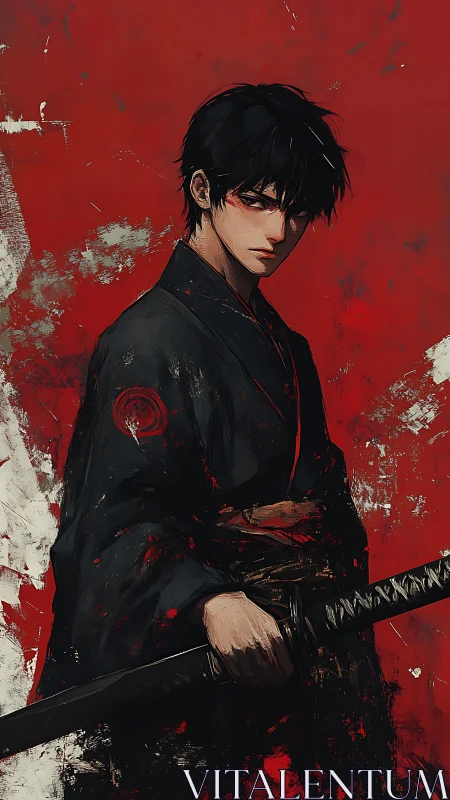 Stoic midnight swordsman against a storm of crimson paint.