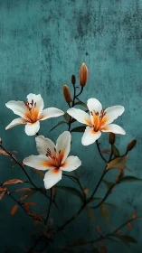 White lilies with orange centers against weathered turquoise wall.