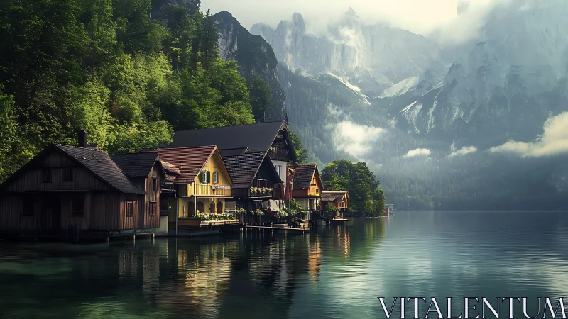 Lakeside cottages resting beneath misty emerald mountains.
