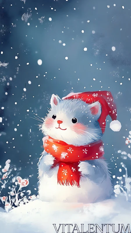 Snowy white kitten in red winter scarf and Santa hat.