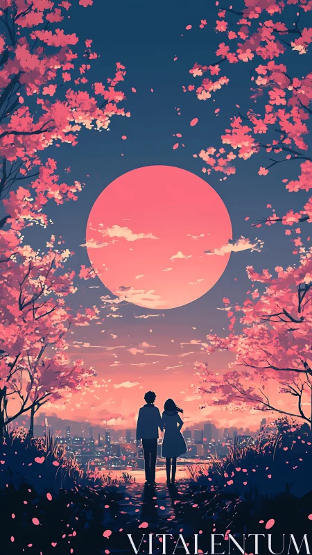 Silhouetted couple under oversized pink moon in sakura dusk