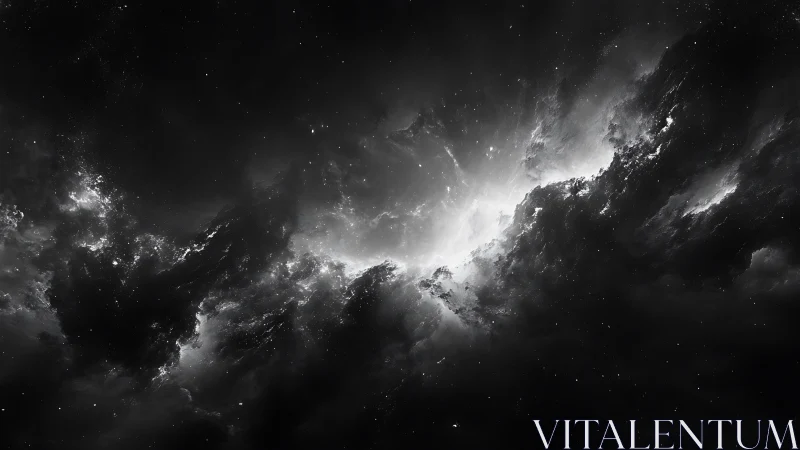 Monochrome deep space nebula with bright central light.