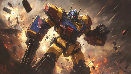 Mighty heroic mech strides forward through blazing battle storm